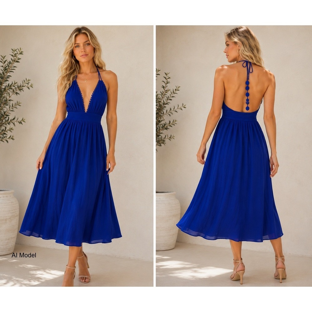 Blue Halter Midi Dress XS Open Back Boho Wedding Guest Prom Vacation Beach